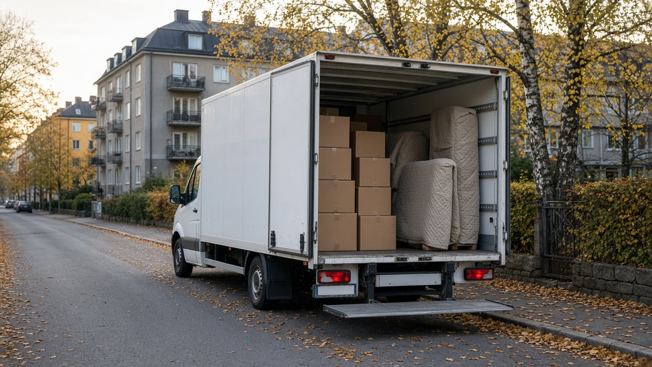 Flyttbil lastad med kartonger och möbler lämnar en bostadsgata i Stockholm för en lång resa norrut